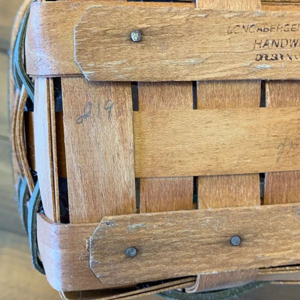 Longaberger Tea Basket with Emerald Vine Liner and Protector, Stationary Handle